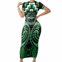 Aotearoa Ngai Tahu Personalised Short Sleeve Bodycon Dress Maori Iwi Poutama Puhoro Tattoo LT14 Long Dress Green - Polynesian Pride