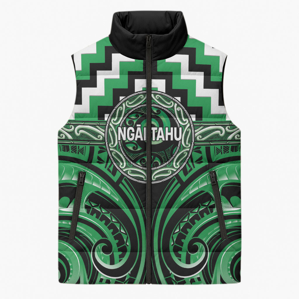 Aotearoa Ngai Tahu Personalised Sleeveless Puffer Jacket Maori Iwi Poutama Puhoro Tattoo LT14 Unisex Green - Polynesian Pride