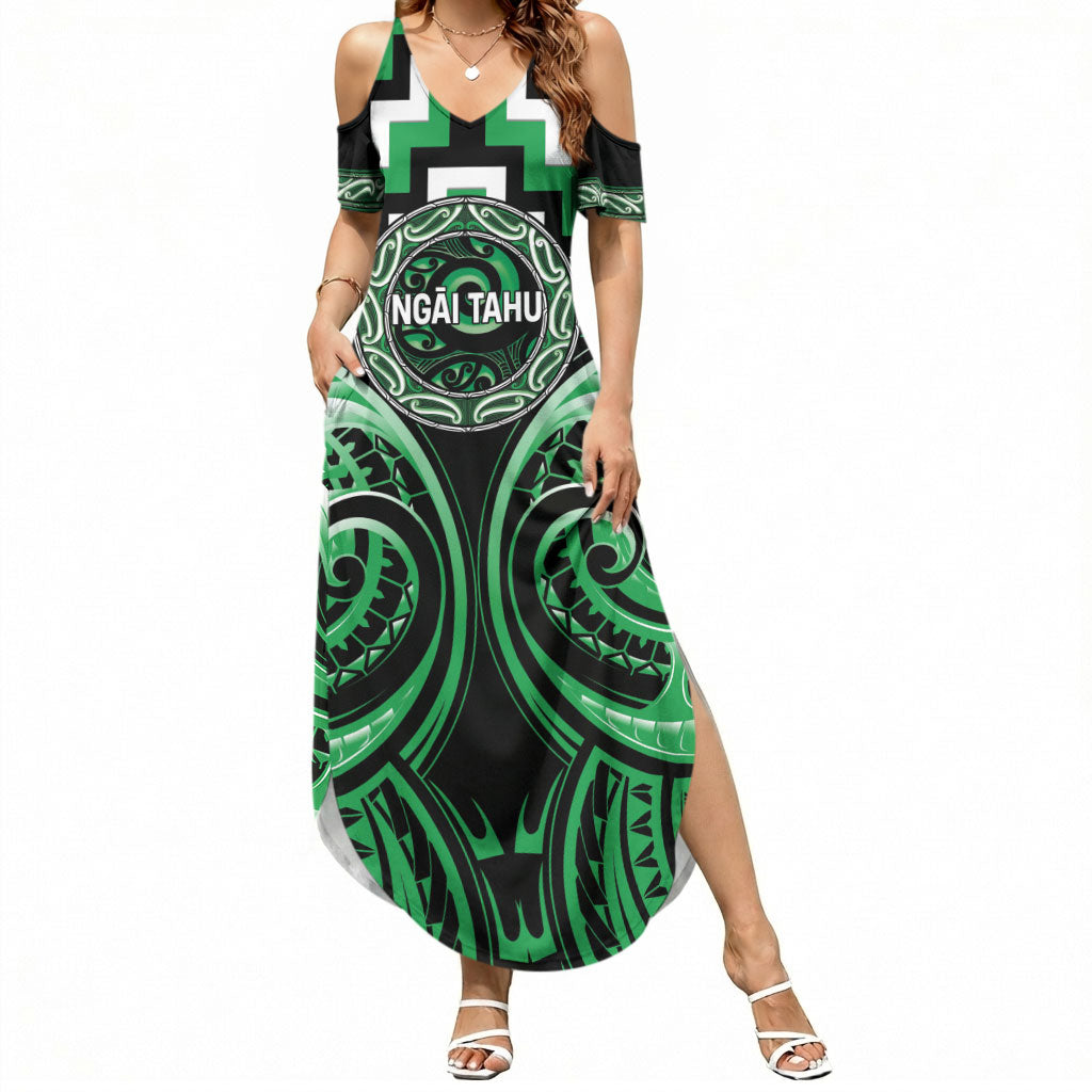 Aotearoa Ngai Tahu Personalised Summer Maxi Dress Maori Iwi Poutama Puhoro Tattoo LT14 Women Green - Polynesian Pride