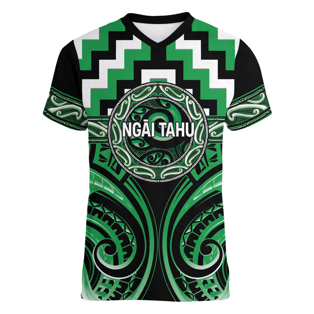 Aotearoa Ngai Tahu Personalised Women V-Neck T-Shirt Maori Iwi Poutama Puhoro Tattoo LT14 Female Green - Polynesian Pride