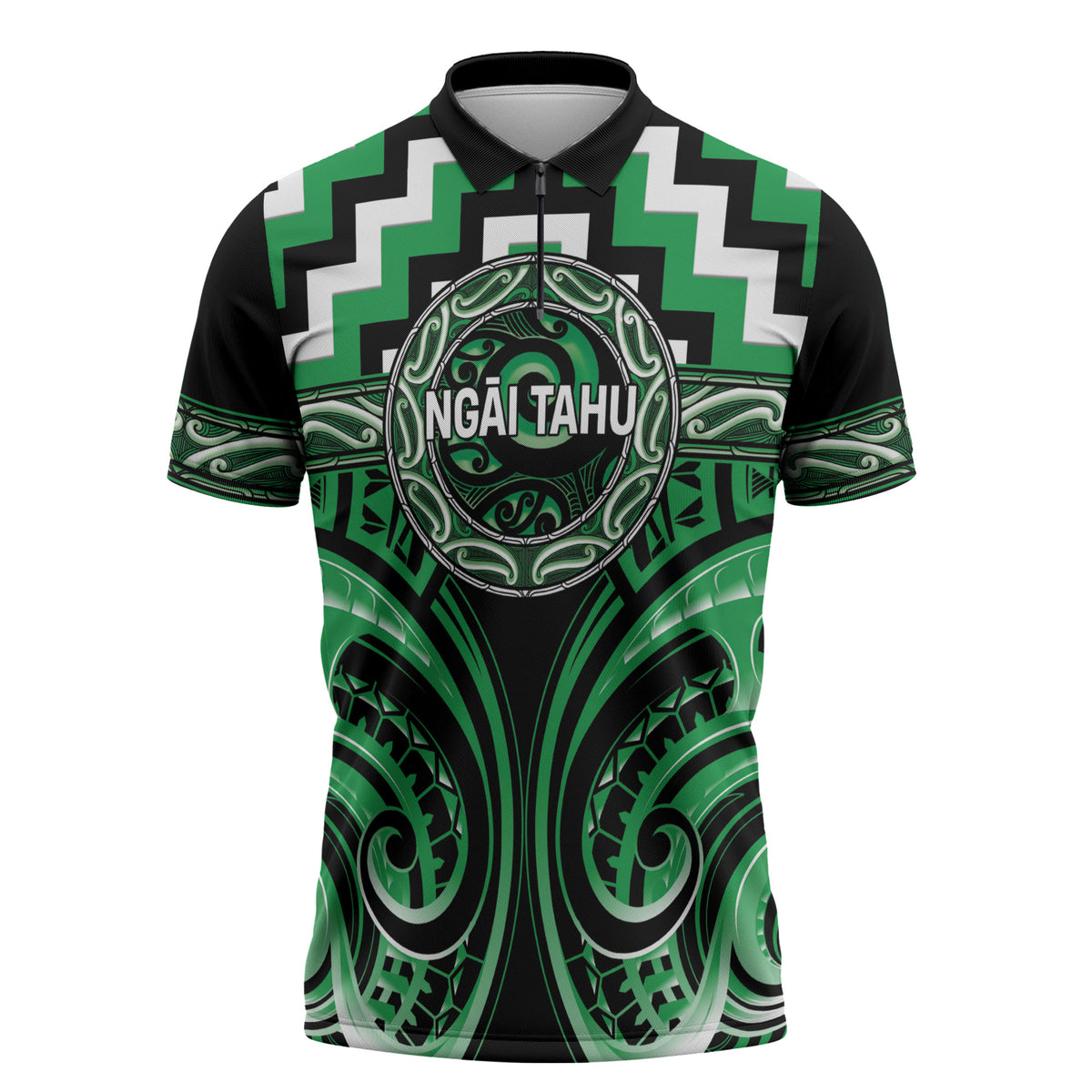 Aotearoa Ngai Tahu Personalised Zipper Polo Shirt Maori Iwi Poutama Puhoro Tattoo LT14 Green - Polynesian Pride