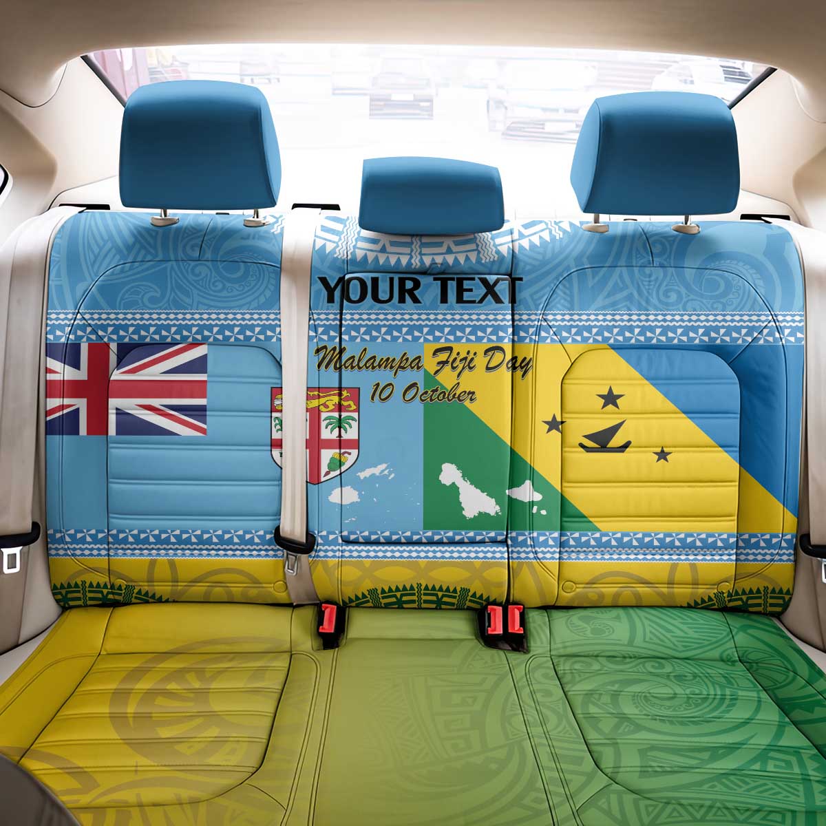 Personalised Malampa Fiji Day Back Car Seat Cover 10 October Fijian Tapa Flag Style LT14 - Polynesian Pride