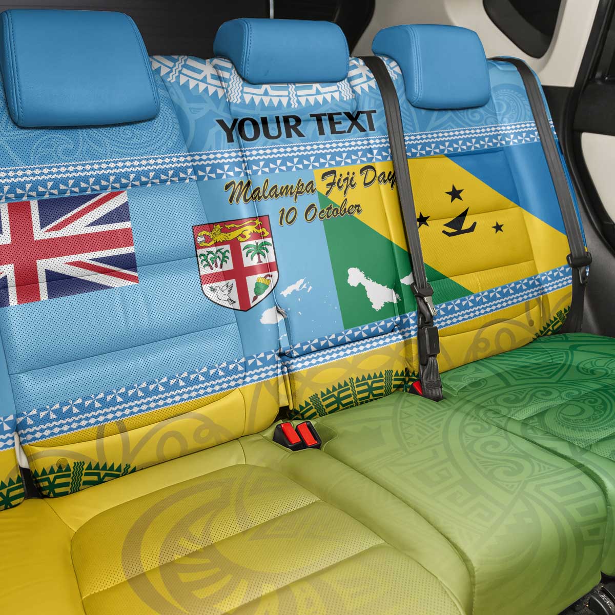 Personalised Malampa Fiji Day Back Car Seat Cover 10 October Fijian Tapa Flag Style LT14 - Polynesian Pride