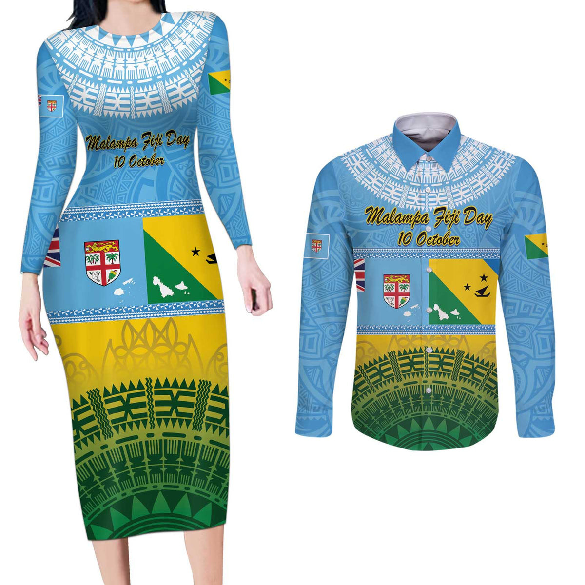 Personalised Malampa Fiji Day Couples Matching Long Sleeve Bodycon Dress and Long Sleeve Button Shirt 10 October Fijian Tapa Flag Style LT14 Blue - Polynesian Pride