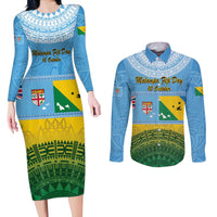Personalised Malampa Fiji Day Couples Matching Long Sleeve Bodycon Dress and Long Sleeve Button Shirt 10 October Fijian Tapa Flag Style LT14 Blue - Polynesian Pride