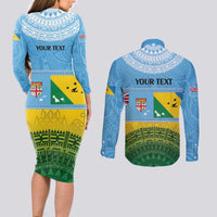 Personalised Malampa Fiji Day Couples Matching Long Sleeve Bodycon Dress and Long Sleeve Button Shirt 10 October Fijian Tapa Flag Style LT14 - Polynesian Pride