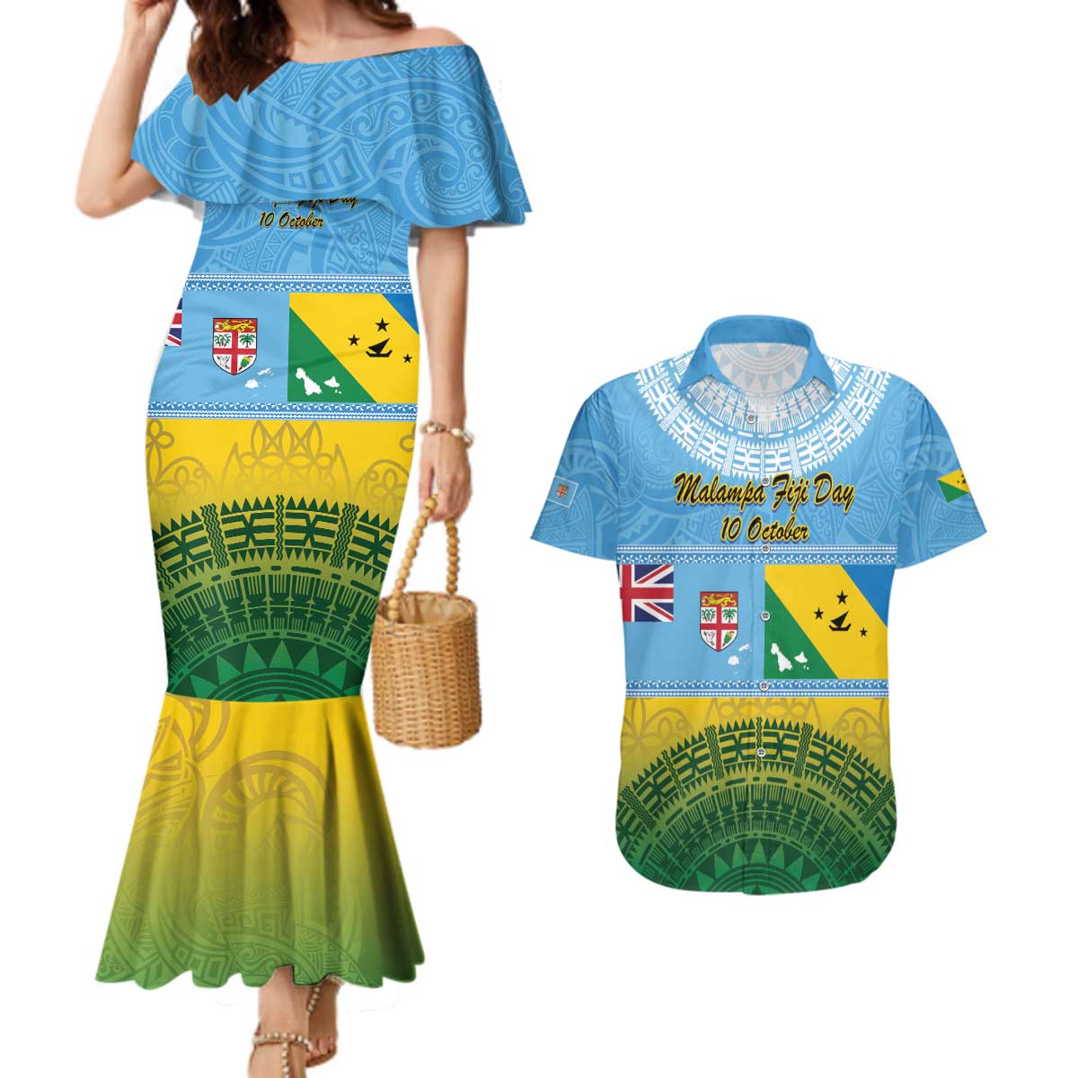 Personalised Malampa Fiji Day Couples Matching Mermaid Dress and Hawaiian Shirt 10 October Fijian Tapa Flag Style LT14 Blue - Polynesian Pride