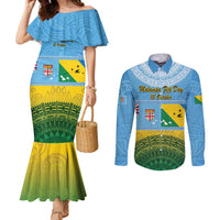 Personalised Malampa Fiji Day Couples Matching Mermaid Dress and Long Sleeve Button Shirt 10 October Fijian Tapa Flag Style LT14 Blue - Polynesian Pride