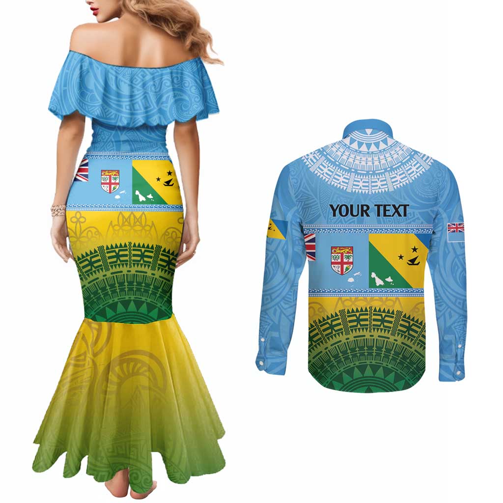 Personalised Malampa Fiji Day Couples Matching Mermaid Dress and Long Sleeve Button Shirt 10 October Fijian Tapa Flag Style LT14 - Polynesian Pride