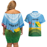 Personalised Malampa Fiji Day Couples Matching Off Shoulder Short Dress and Hawaiian Shirt 10 October Fijian Tapa Flag Style LT14 - Polynesian Pride