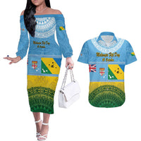 Personalised Malampa Fiji Day Couples Matching Off The Shoulder Long Sleeve Dress and Hawaiian Shirt 10 October Fijian Tapa Flag Style LT14 Blue - Polynesian Pride