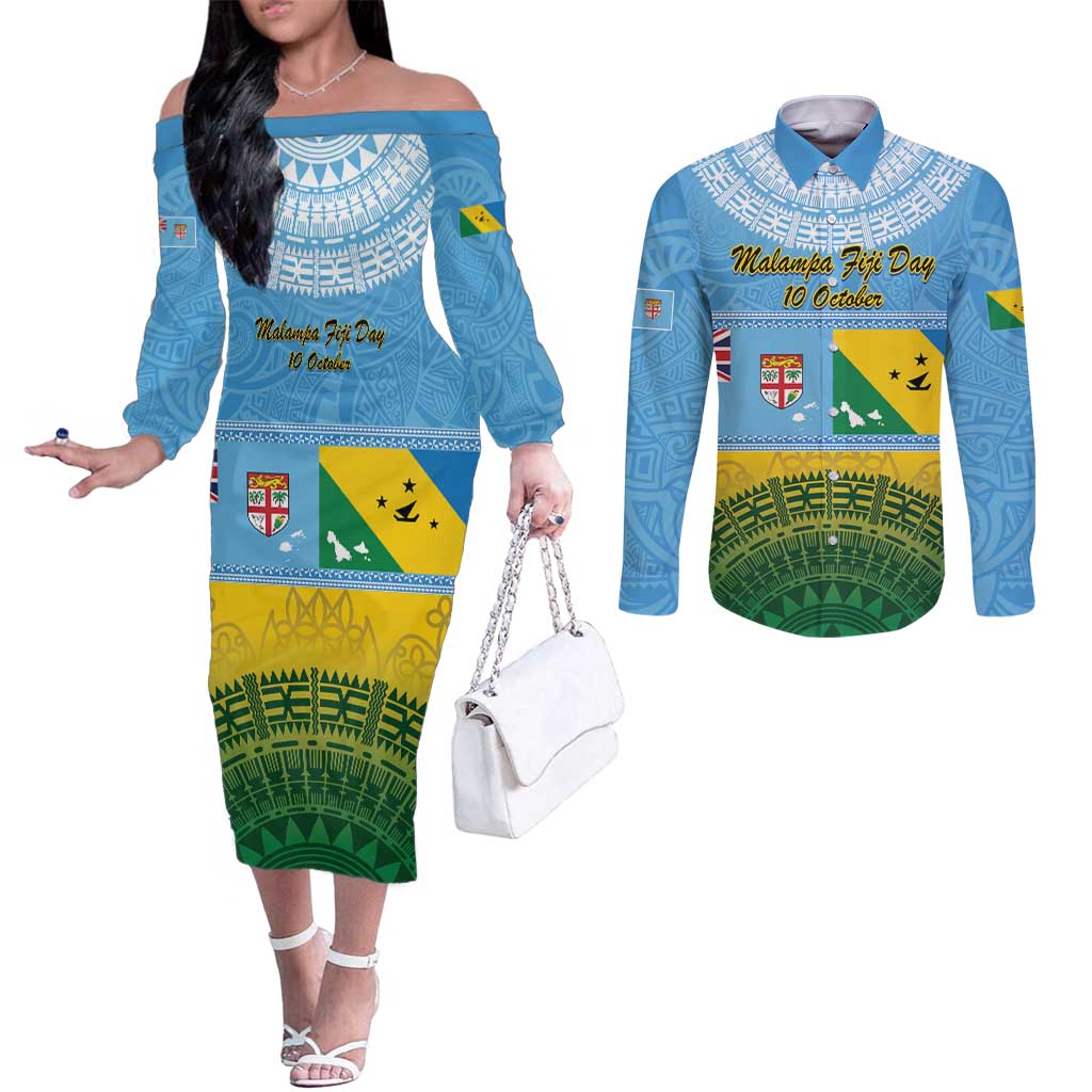 Personalised Malampa Fiji Day Couples Matching Off The Shoulder Long Sleeve Dress and Long Sleeve Button Shirt 10 October Fijian Tapa Flag Style LT14 Blue - Polynesian Pride