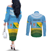 Personalised Malampa Fiji Day Couples Matching Off The Shoulder Long Sleeve Dress and Long Sleeve Button Shirt 10 October Fijian Tapa Flag Style LT14 - Polynesian Pride