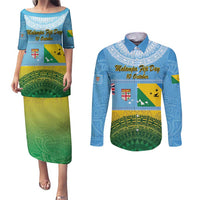 Personalised Malampa Fiji Day Couples Matching Puletasi and Long Sleeve Button Shirt 10 October Fijian Tapa Flag Style LT14 Blue - Polynesian Pride