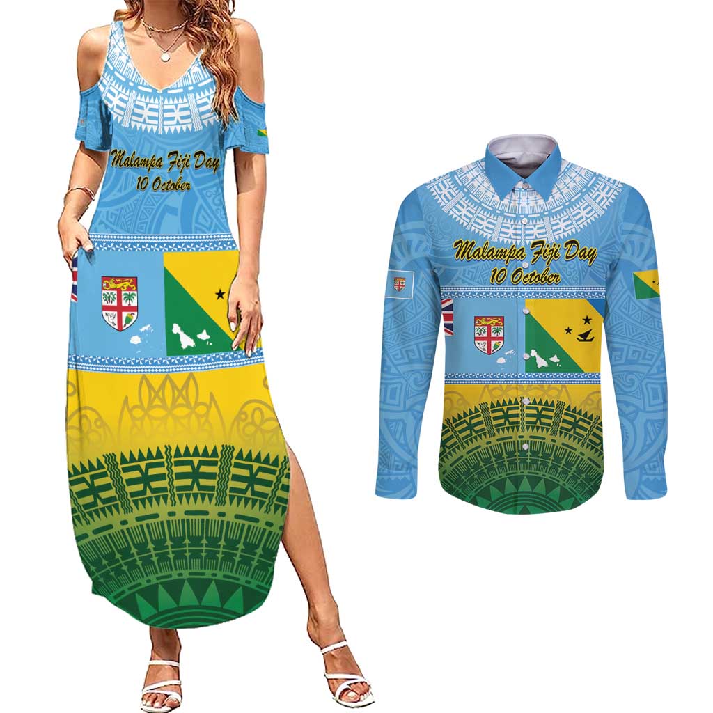 Personalised Malampa Fiji Day Couples Matching Summer Maxi Dress and Long Sleeve Button Shirt 10 October Fijian Tapa Flag Style LT14 Blue - Polynesian Pride