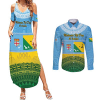 Personalised Malampa Fiji Day Couples Matching Summer Maxi Dress and Long Sleeve Button Shirt 10 October Fijian Tapa Flag Style LT14 Blue - Polynesian Pride
