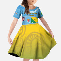 Personalised Malampa Fiji Day Family Matching Off The Shoulder Long Sleeve Dress and Hawaiian Shirt 10 October Fijian Tapa Flag Style LT14 Daughter's Dress Blue - Polynesian Pride