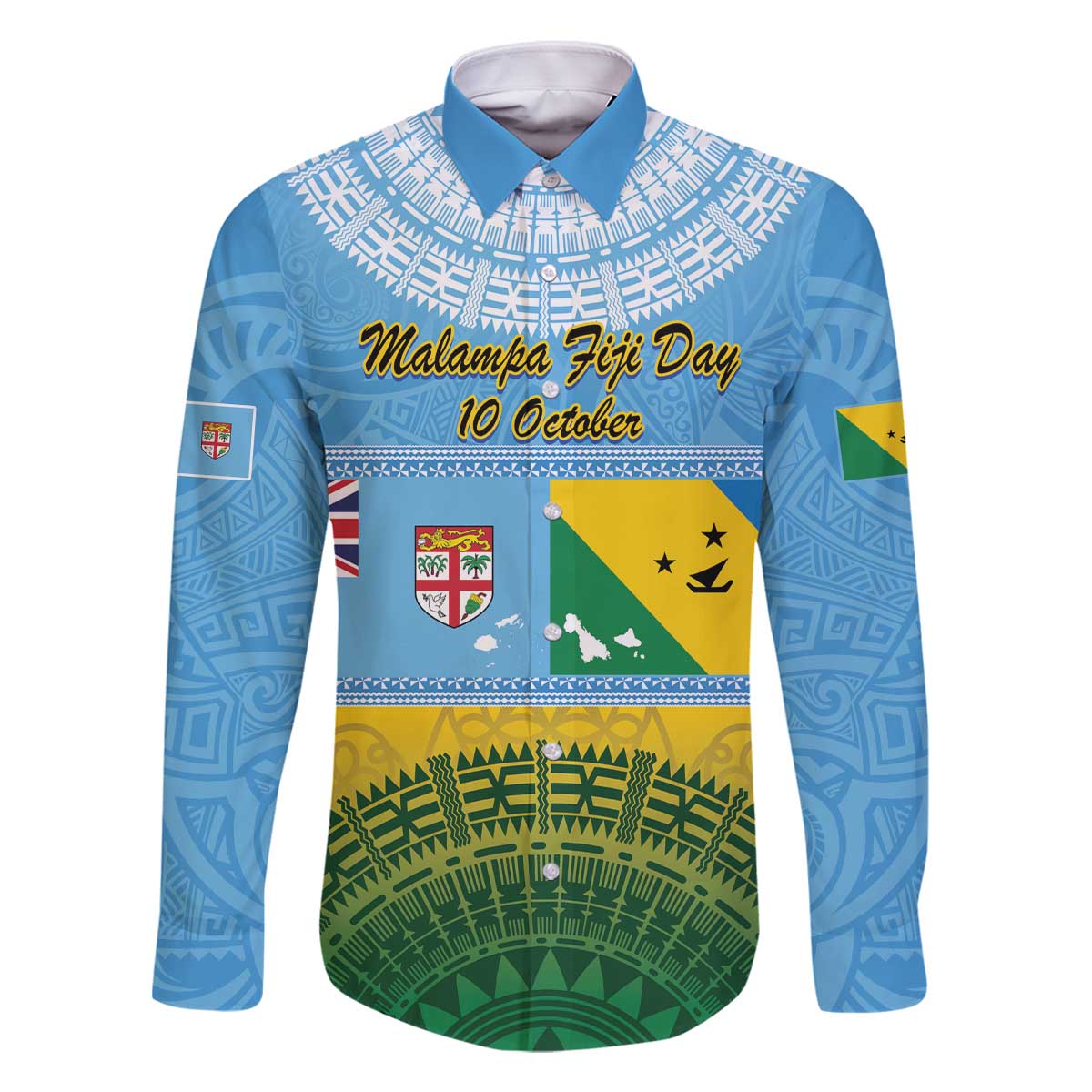 Personalised Malampa Fiji Day Family Matching Off The Shoulder Long Sleeve Dress and Hawaiian Shirt 10 October Fijian Tapa Flag Style LT14 Dad's Shirt - Long Sleeve Blue - Polynesian Pride