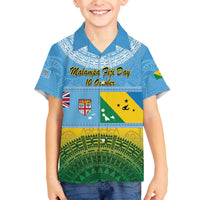 Personalised Malampa Fiji Day Family Matching Off The Shoulder Long Sleeve Dress and Hawaiian Shirt 10 October Fijian Tapa Flag Style LT14 Son's Shirt Blue - Polynesian Pride