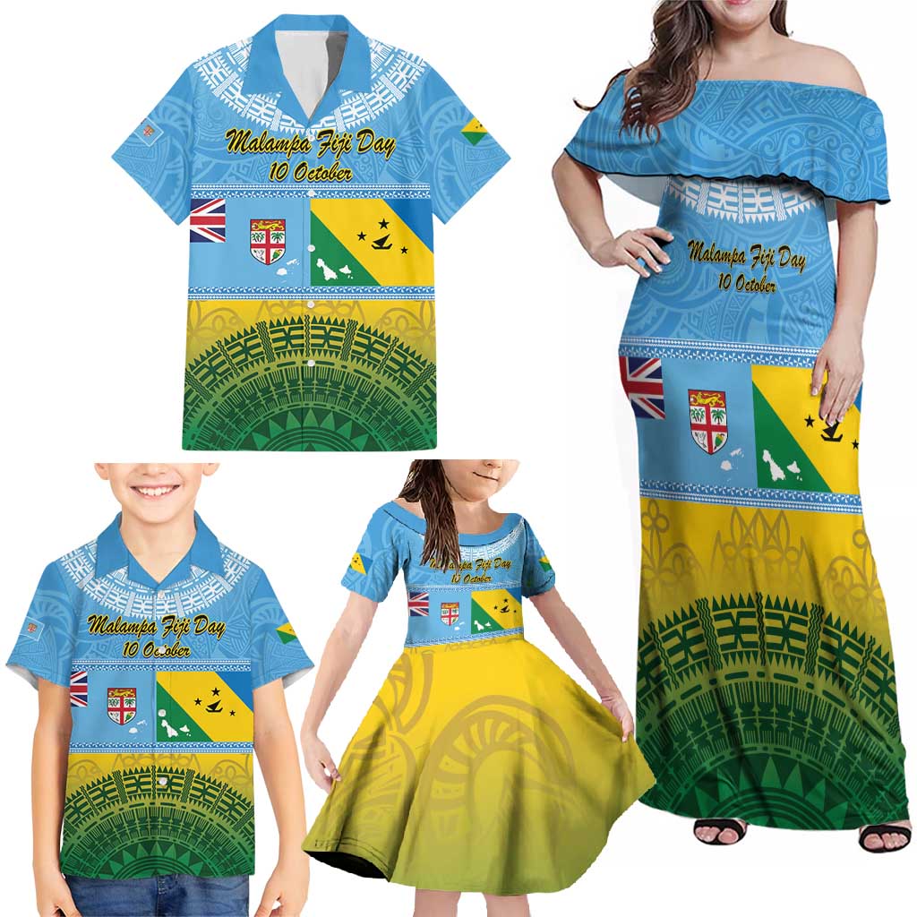 Personalised Malampa Fiji Day Family Matching Off Shoulder Maxi Dress and Hawaiian Shirt 10 October Fijian Tapa Flag Style LT14 - Polynesian Pride