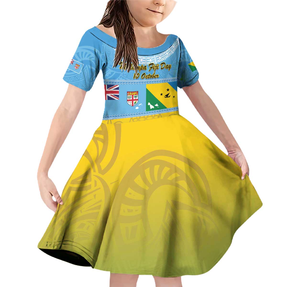 Personalised Malampa Fiji Day Family Matching Off Shoulder Short Dress and Hawaiian Shirt 10 October Fijian Tapa Flag Style LT14 Daughter's Dress Blue - Polynesian Pride