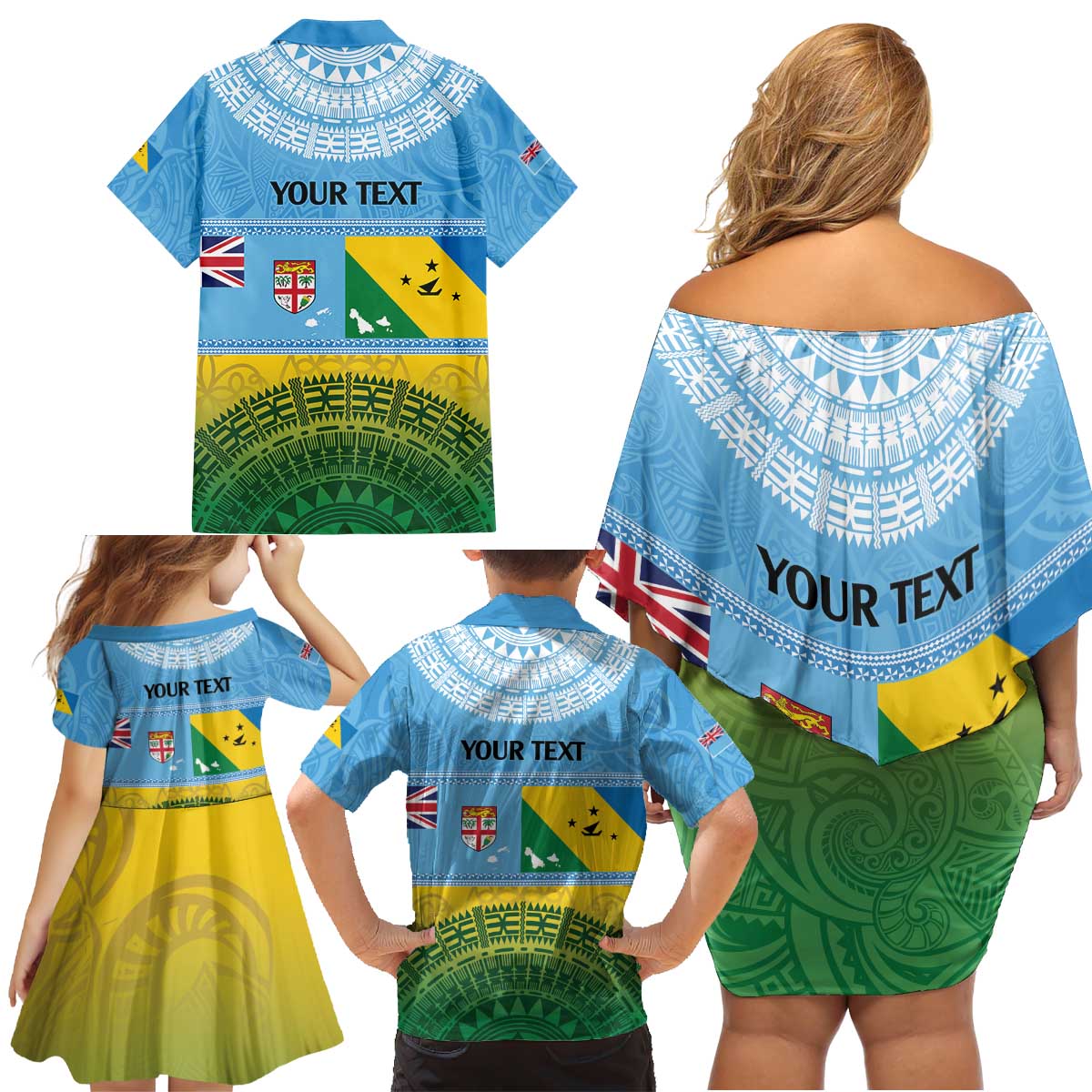 Personalised Malampa Fiji Day Family Matching Off Shoulder Short Dress and Hawaiian Shirt 10 October Fijian Tapa Flag Style LT14 - Polynesian Pride