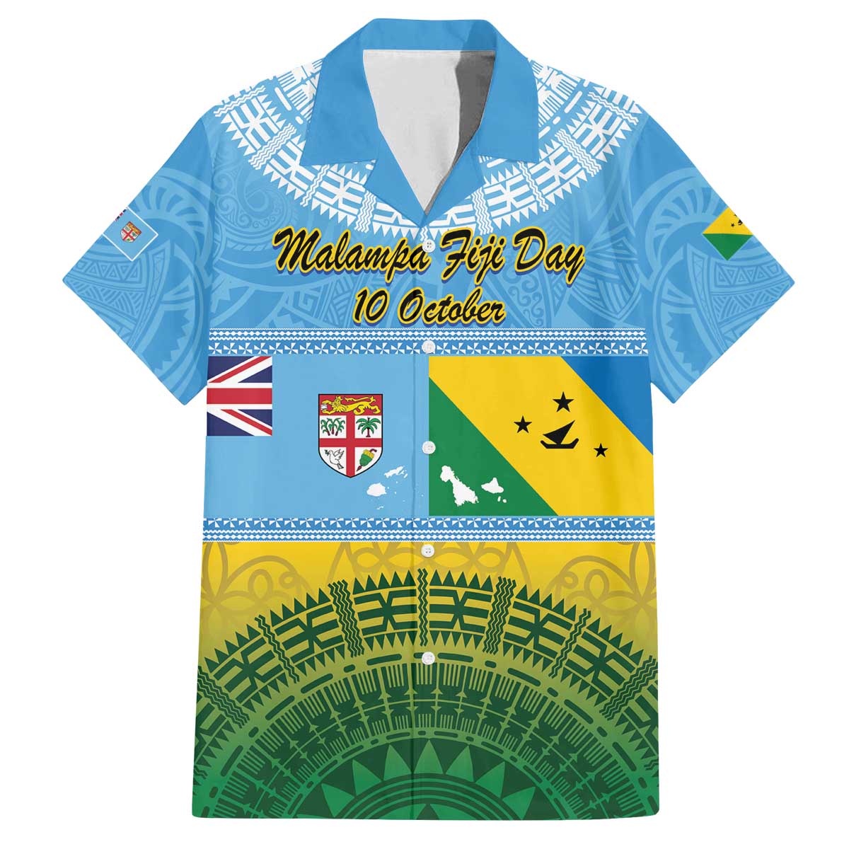 Personalised Malampa Fiji Day Family Matching Puletasi and Hawaiian Shirt 10 October Fijian Tapa Flag Style LT14 Dad's Shirt - Short Sleeve Blue - Polynesian Pride