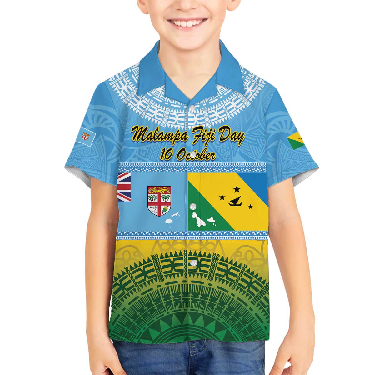 Personalised Malampa Fiji Day Family Matching Puletasi and Hawaiian Shirt 10 October Fijian Tapa Flag Style LT14 Son's Shirt Blue - Polynesian Pride