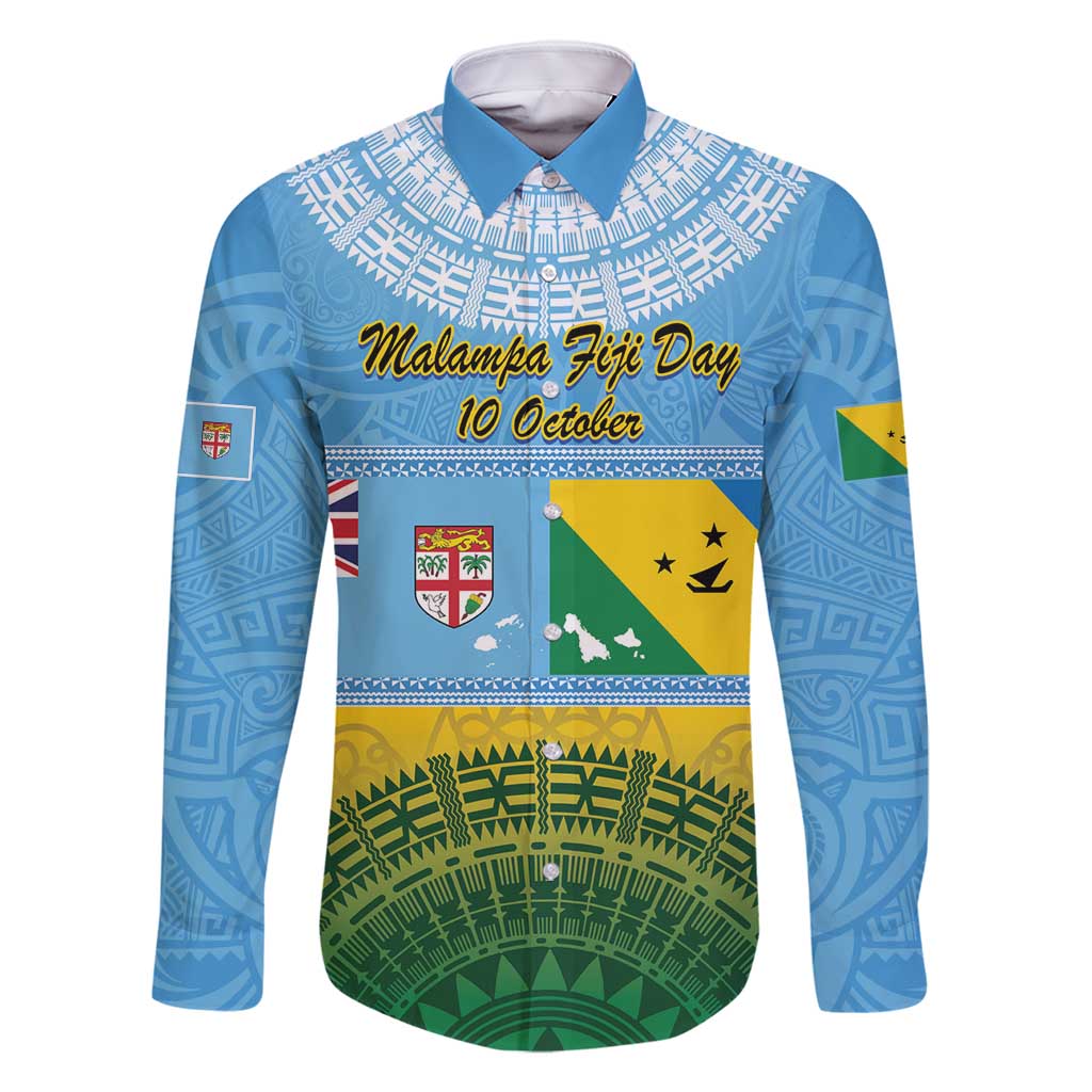 Personalised Malampa Fiji Day Family Matching Summer Maxi Dress and Hawaiian Shirt 10 October Fijian Tapa Flag Style LT14 Dad's Shirt - Long Sleeve Blue - Polynesian Pride
