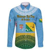 Personalised Malampa Fiji Day Family Matching Tank Maxi Dress and Hawaiian Shirt 10 October Fijian Tapa Flag Style LT14 Dad's Shirt - Long Sleeve Blue - Polynesian Pride
