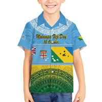 Personalised Malampa Fiji Day Family Matching Tank Maxi Dress and Hawaiian Shirt 10 October Fijian Tapa Flag Style LT14 Son's Shirt Blue - Polynesian Pride