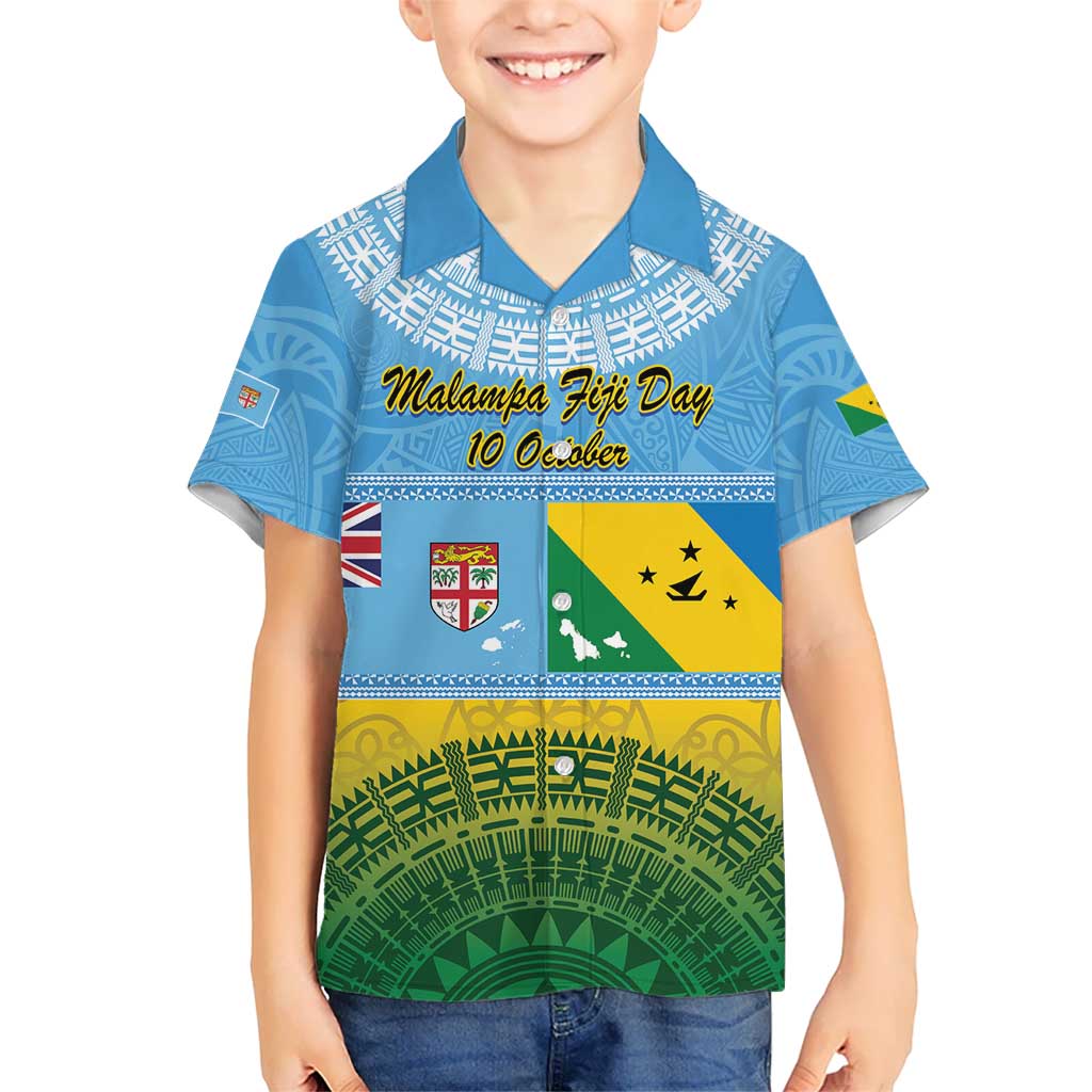 Personalised Malampa Fiji Day Kid Hawaiian Shirt 10 October Fijian Tapa Flag Style LT14 Kid Blue - Polynesian Pride