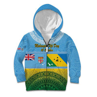 Personalised Malampa Fiji Day Kid Hoodie 10 October Fijian Tapa Flag Style LT14 Zip Hoodie Blue - Polynesian Pride
