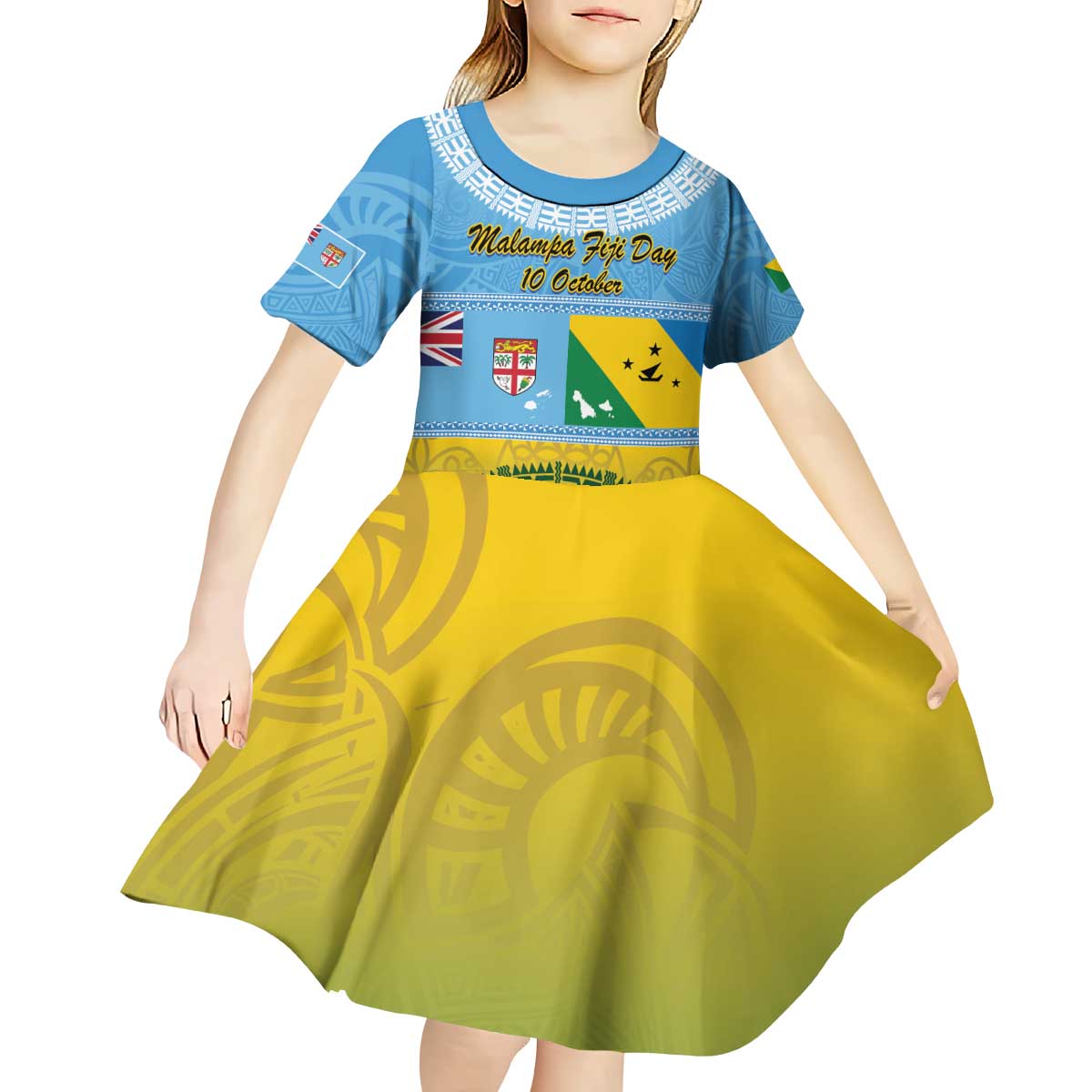 Personalised Malampa Fiji Day Kid Short Sleeve Dress 10 October Fijian Tapa Flag Style LT14 - Polynesian Pride