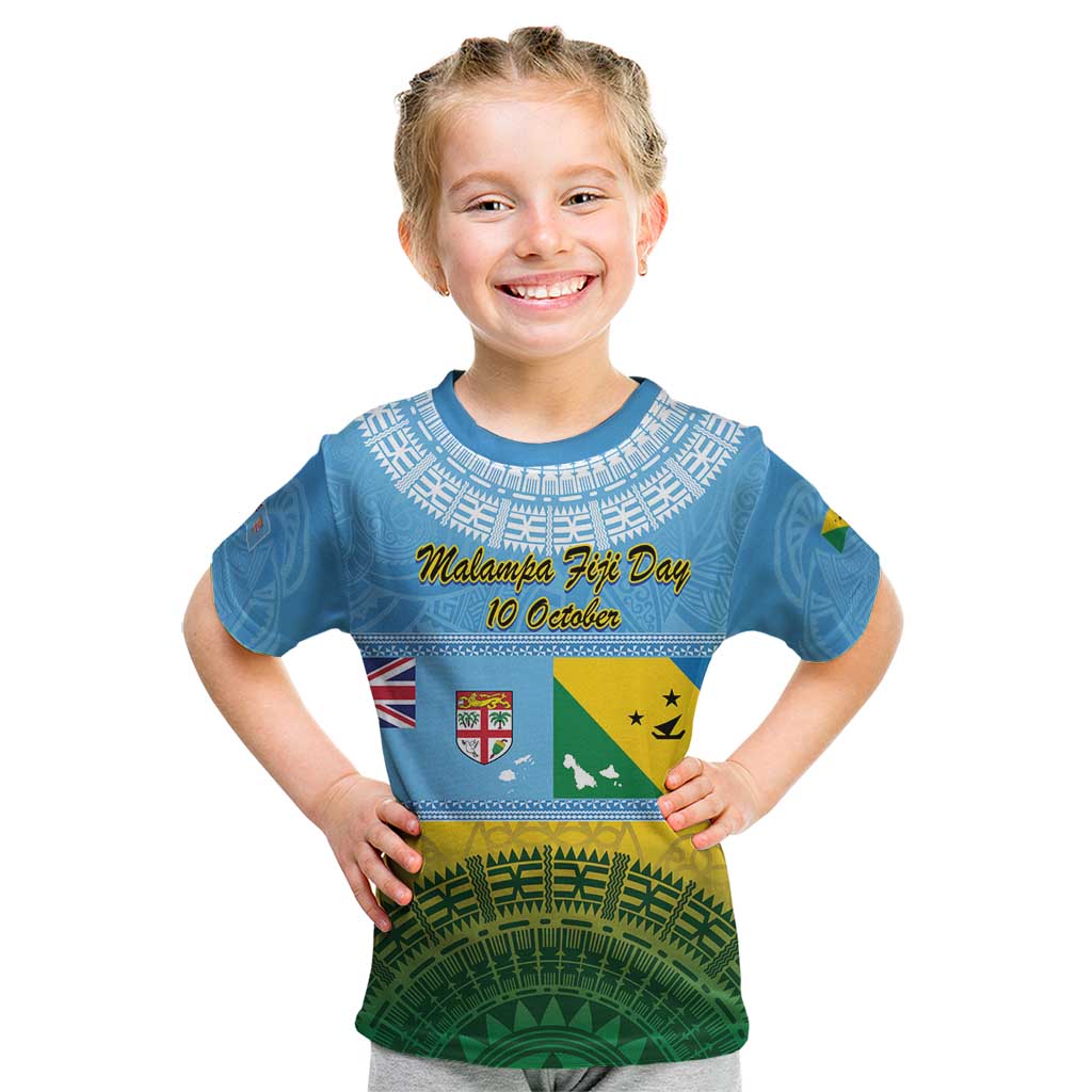 Personalised Malampa Fiji Day Kid T Shirt 10 October Fijian Tapa Flag Style LT14 Blue - Polynesian Pride