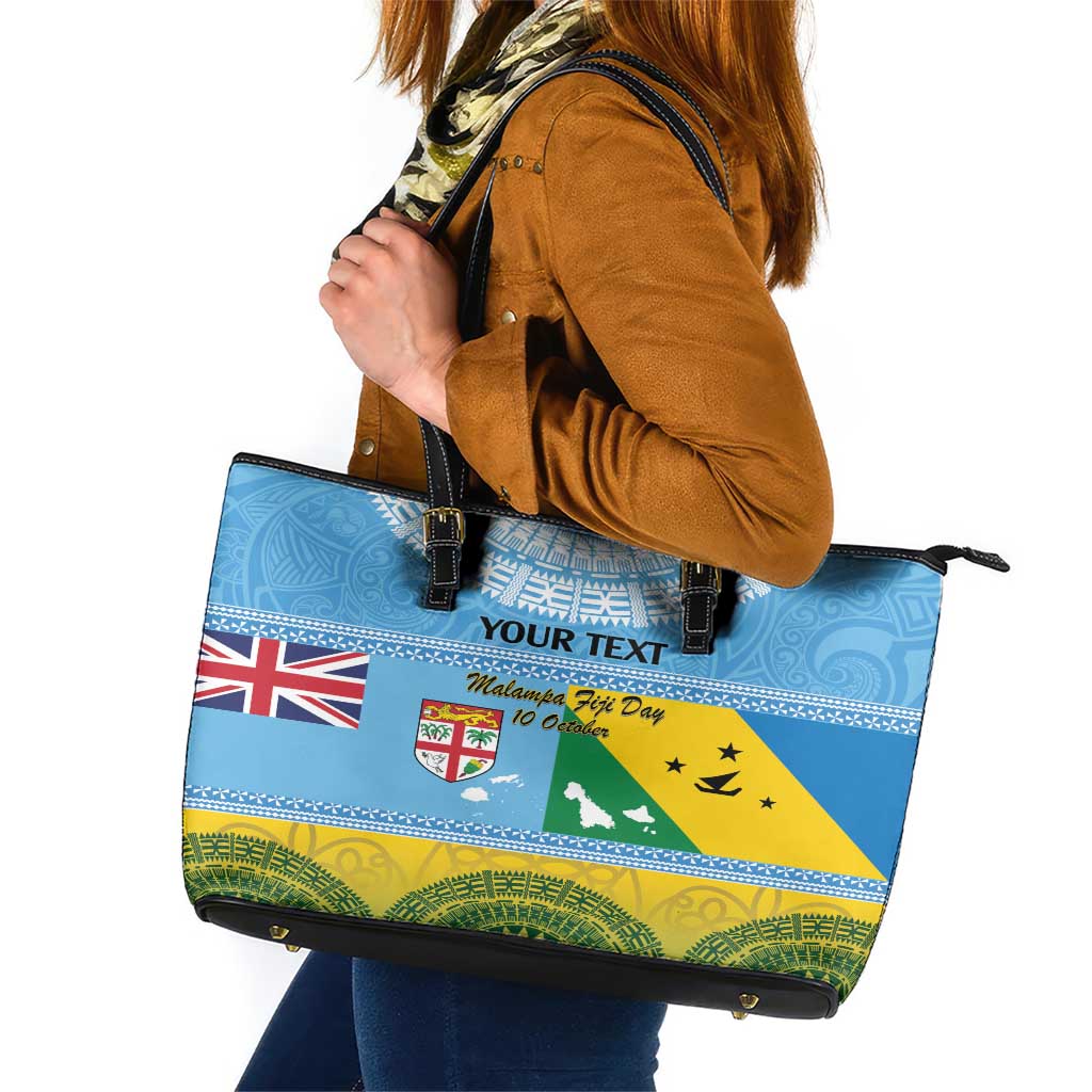 Personalised Malampa Fiji Day Leather Tote Bag 10 October Fijian Tapa Flag Style LT14 Blue - Polynesian Pride