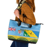 Personalised Malampa Fiji Day Leather Tote Bag 10 October Fijian Tapa Flag Style LT14 Blue - Polynesian Pride