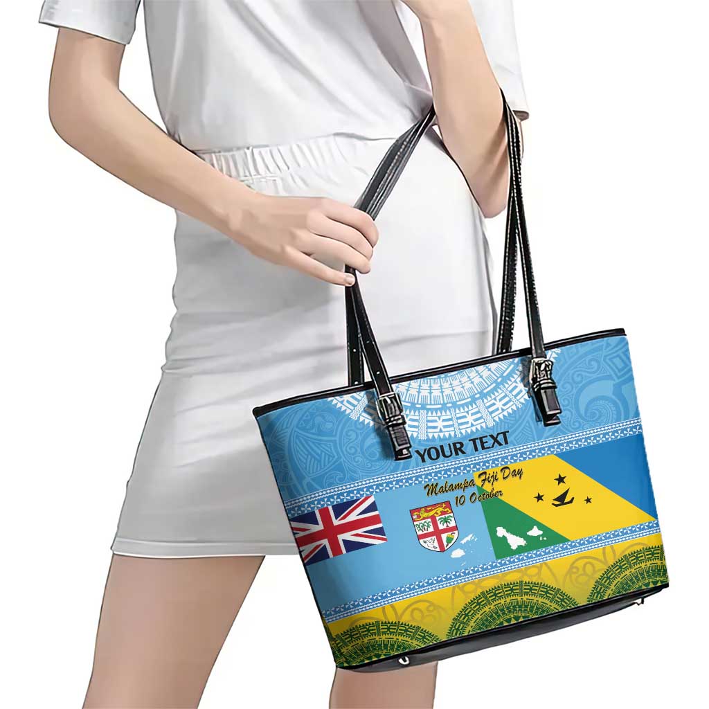 Personalised Malampa Fiji Day Leather Tote Bag 10 October Fijian Tapa Flag Style LT14 - Polynesian Pride