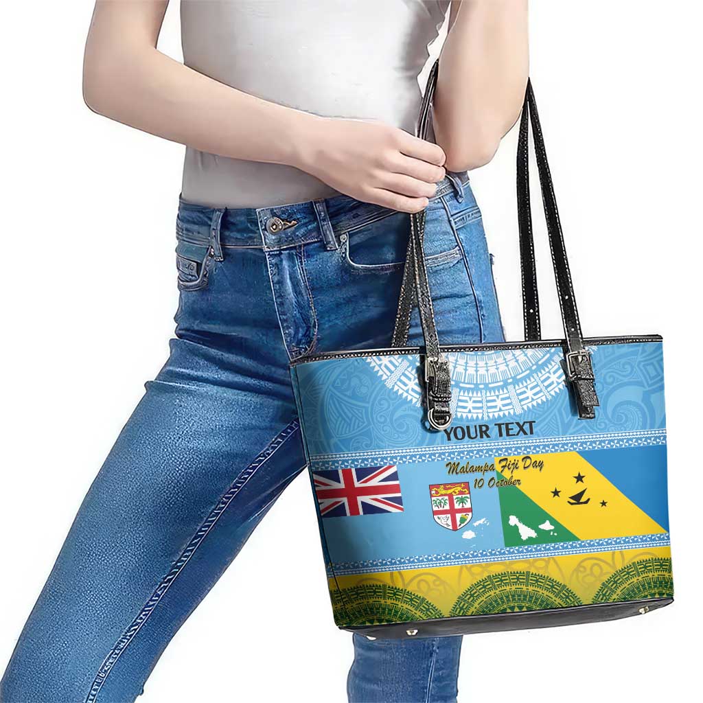 Personalised Malampa Fiji Day Leather Tote Bag 10 October Fijian Tapa Flag Style LT14 - Polynesian Pride