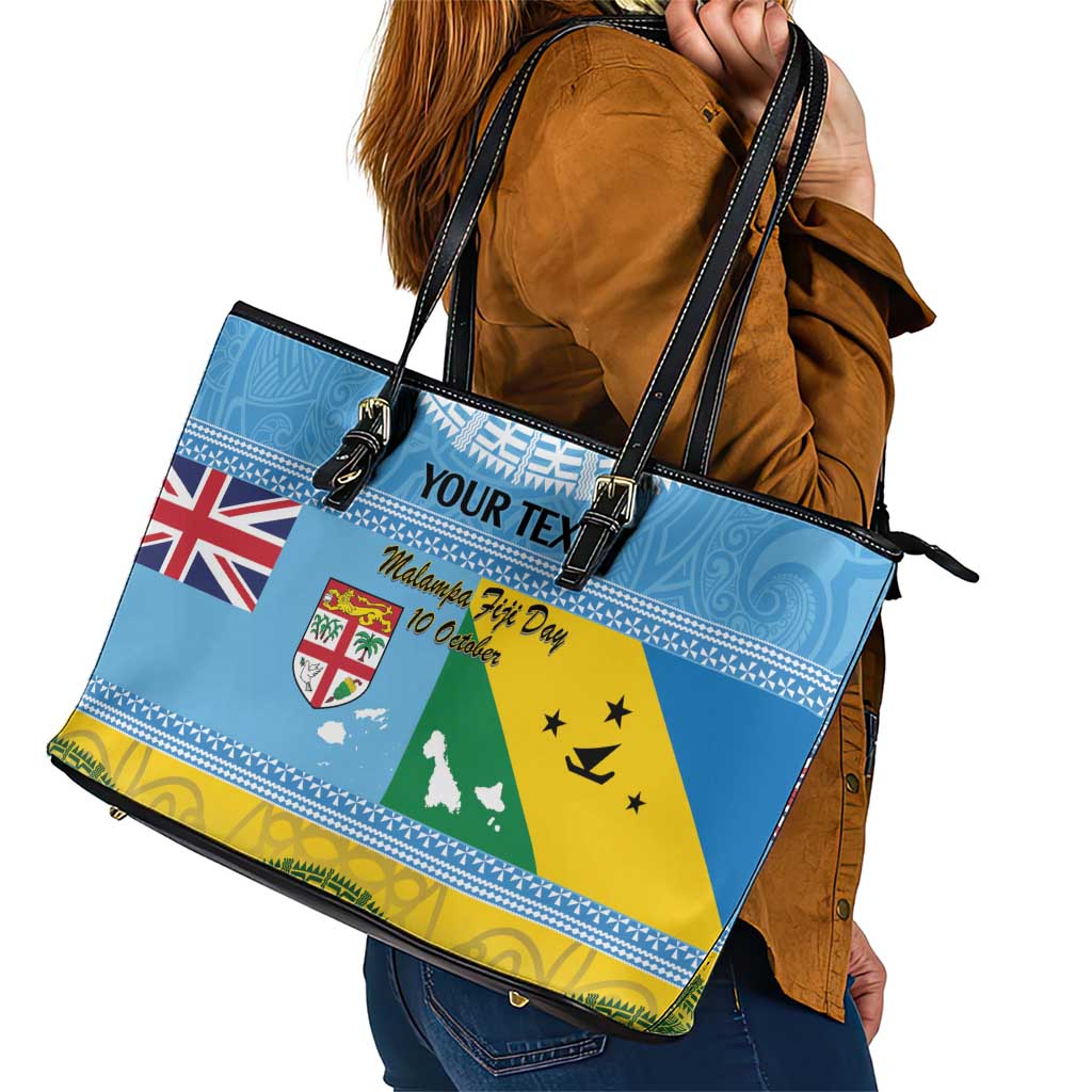 Personalised Malampa Fiji Day Leather Tote Bag 10 October Fijian Tapa Flag Style LT14 - Polynesian Pride