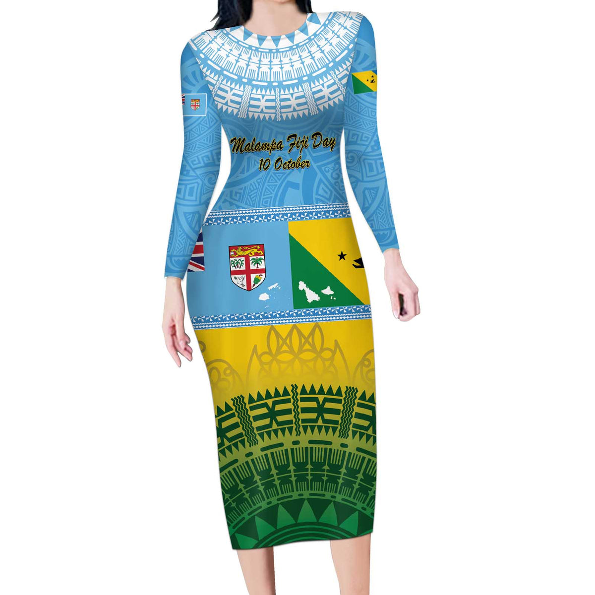 Personalised Malampa Fiji Day Long Sleeve Bodycon Dress 10 October Fijian Tapa Flag Style LT14 Long Dress Blue - Polynesian Pride