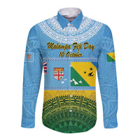 Personalised Malampa Fiji Day Long Sleeve Button Shirt 10 October Fijian Tapa Flag Style LT14 Unisex Blue - Polynesian Pride