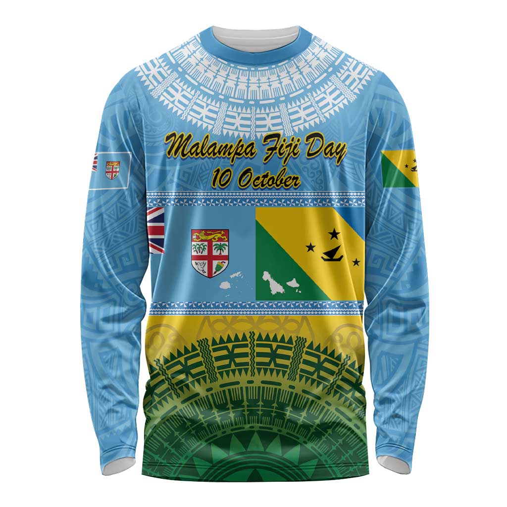 Personalised Malampa Fiji Day Long Sleeve Shirt 10 October Fijian Tapa Flag Style LT14 Unisex Blue - Polynesian Pride
