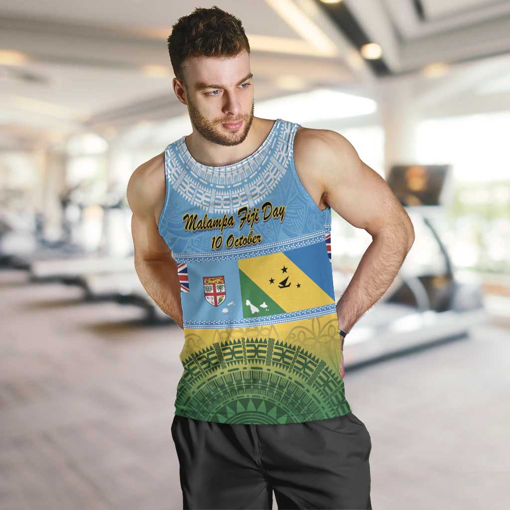 Personalised Malampa Fiji Day Men Tank Top 10 October Fijian Tapa Flag Style LT14 Blue - Polynesian Pride