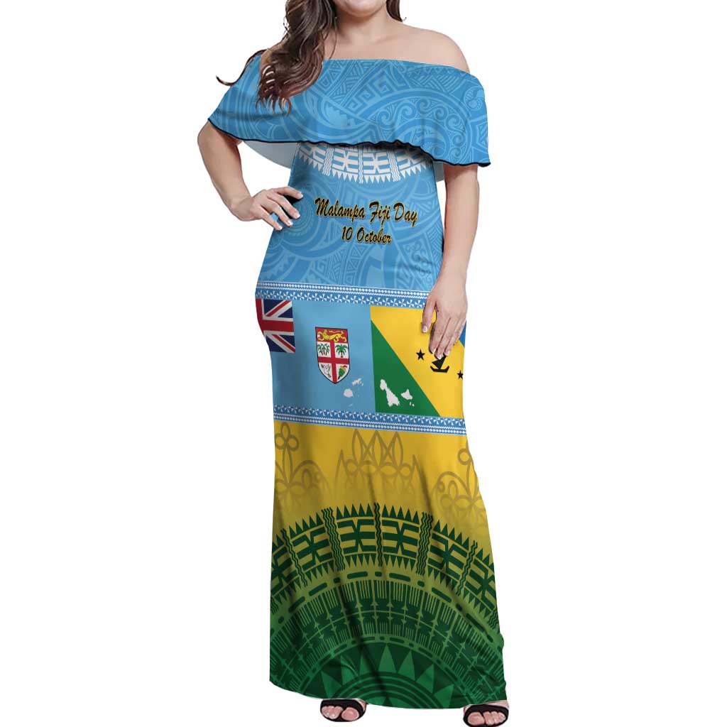 Personalised Malampa Fiji Day Off Shoulder Maxi Dress 10 October Fijian Tapa Flag Style LT14 Women Blue - Polynesian Pride