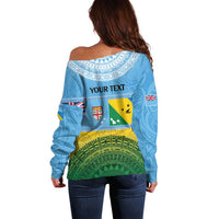 Personalised Malampa Fiji Day Off Shoulder Sweater 10 October Fijian Tapa Flag Style LT14 - Polynesian Pride