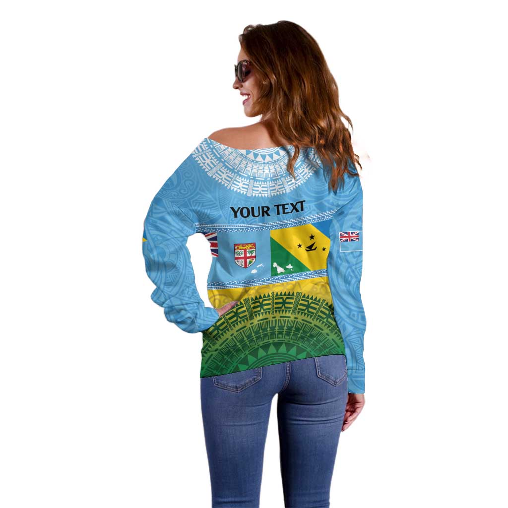 Personalised Malampa Fiji Day Off Shoulder Sweater 10 October Fijian Tapa Flag Style LT14 - Polynesian Pride