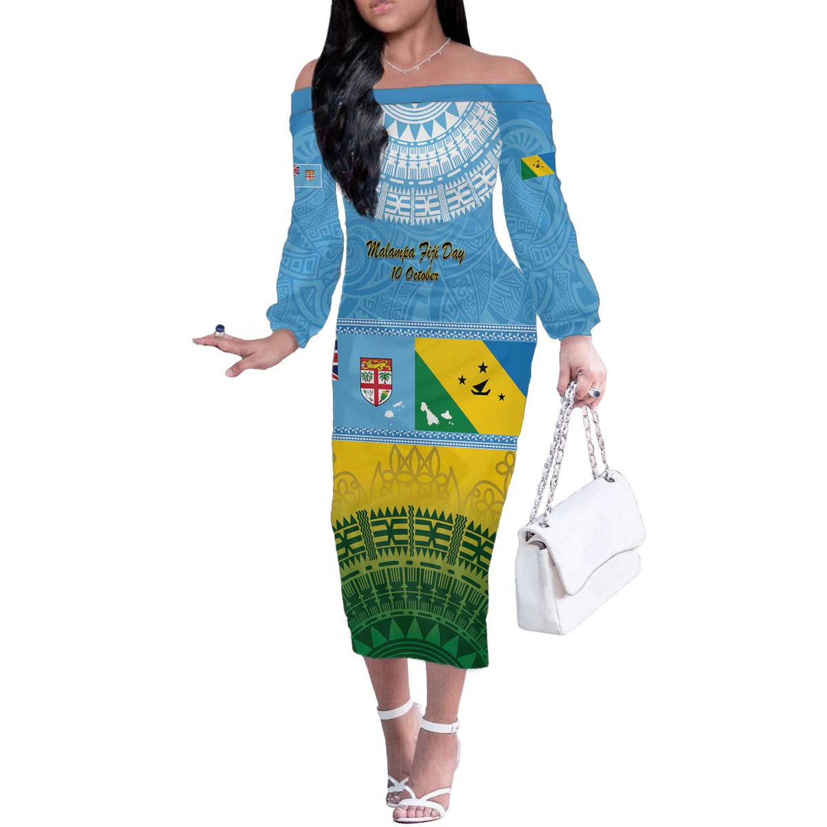 Personalised Malampa Fiji Day Off The Shoulder Long Sleeve Dress 10 October Fijian Tapa Flag Style LT14 Women Blue - Polynesian Pride