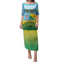 Personalised Malampa Fiji Day Puletasi 10 October Fijian Tapa Flag Style LT14 Long Dress Blue - Polynesian Pride