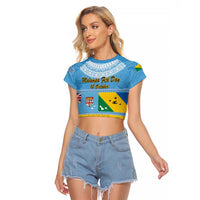 Personalised Malampa Fiji Day Raglan Cropped T Shirt 10 October Fijian Tapa Flag Style LT14 Female Blue - Polynesian Pride